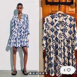 Zara Boho Blue White Botanical Print Tiered Mini Dress 3/4 Sleeve Summer Style